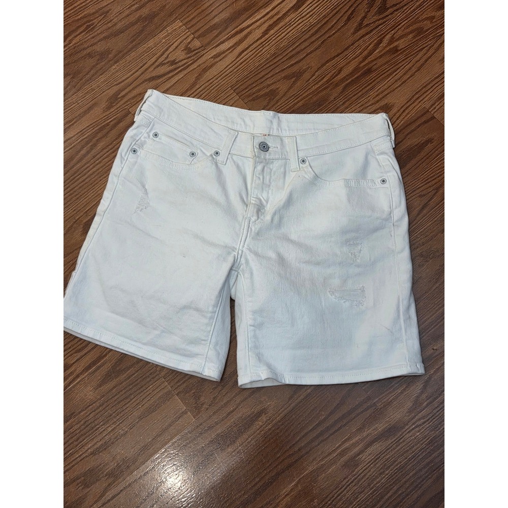 Levis Womens White Denim Distressed Mid Length Shorts Size 28